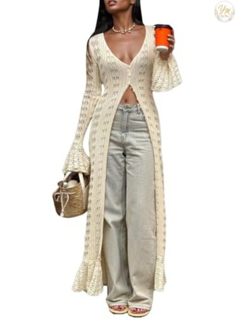 Women Crochet Hollow Out Knit Maxi Cardigan Duster Cover Up Long Sleeve Button